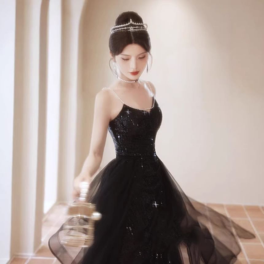 Spaghetti Strap Sequined Slit Mesh Ruffle A-Line Evening Gown