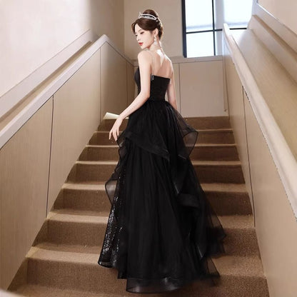 Spaghetti Strap Sequined Slit Mesh Ruffle A-Line Evening Gown