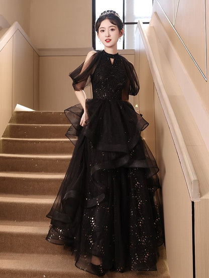 Spaghetti Strap Sequined Slit Mesh Ruffle A-Line Evening Gown