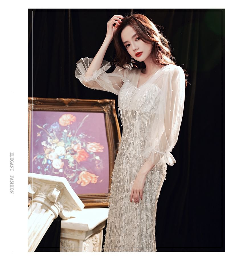 Puff-Sleeve V-Neck Sequined Fringed Mermaid Evening Gown