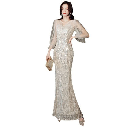 Puff-Sleeve V-Neck Sequined Fringed Mermaid Evening Gown