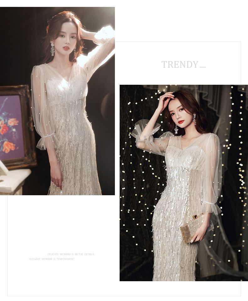 Puff-Sleeve V-Neck Sequined Fringed Mermaid Evening Gown