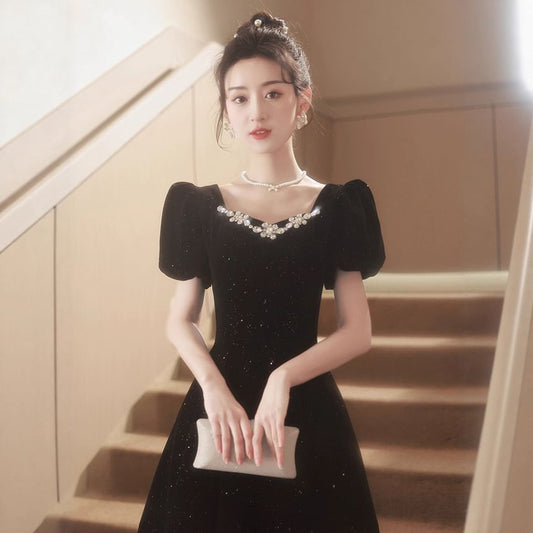 Puff-Sleeve Square-Neck Rhinestone Glitter A-Line Evening Gown