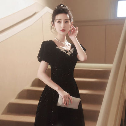 Puff-Sleeve Square-Neck Rhinestone Glitter A-Line Evening Gown