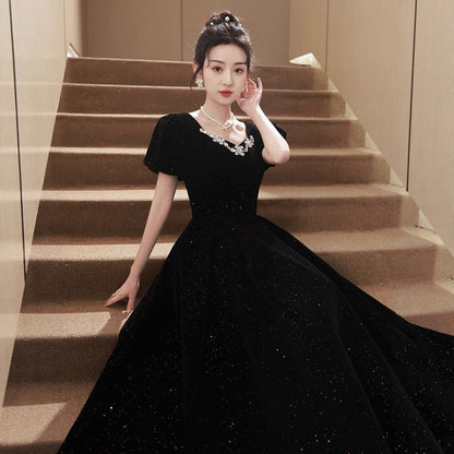 Puff-Sleeve Square-Neck Rhinestone Glitter A-Line Evening Gown