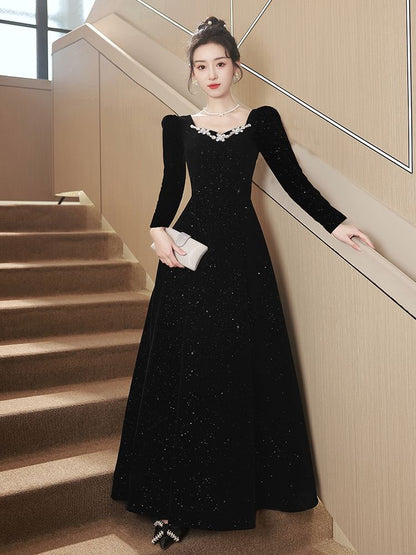 Puff-Sleeve Square-Neck Rhinestone Glitter A-Line Evening Gown