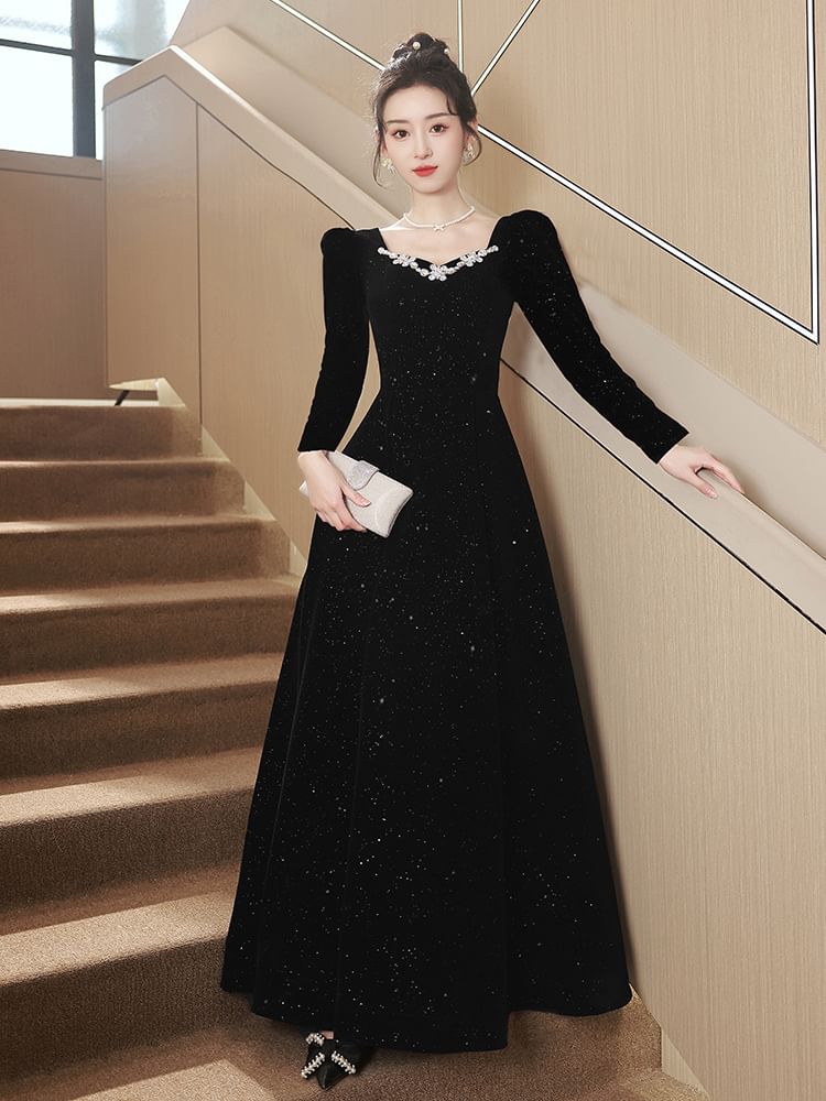 Puff-Sleeve Square-Neck Rhinestone Glitter A-Line Evening Gown