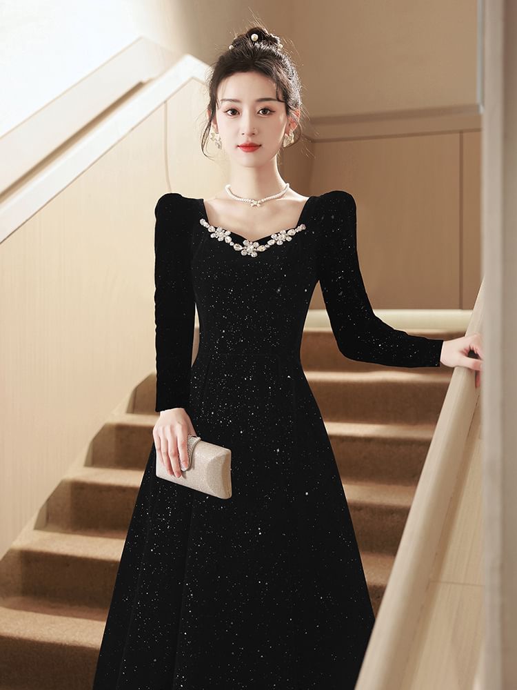 Puff-Sleeve Square-Neck Rhinestone Glitter A-Line Evening Gown