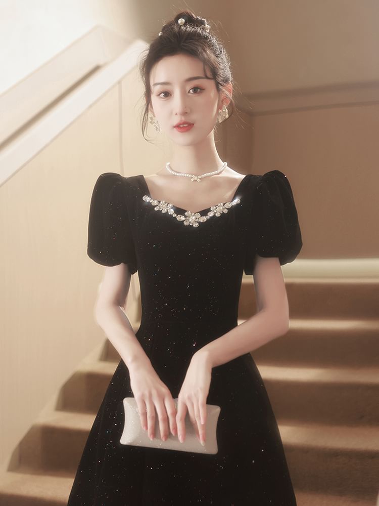 Puff-Sleeve Square-Neck Rhinestone Glitter A-Line Evening Gown