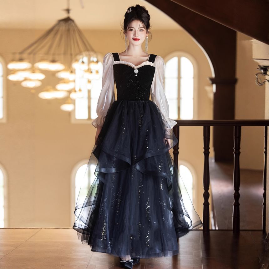 Puff-Sleeve Sweetheart-Neckline Glitter Mesh Ruffle A-Line Evening Gown