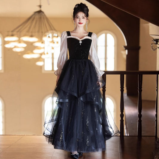 Puff-Sleeve Sweetheart-Neckline Glitter Mesh Ruffle A-Line Evening Gown