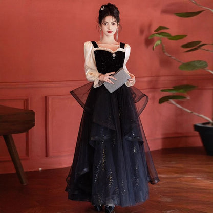 Puff-Sleeve Sweetheart-Neckline Glitter Mesh Ruffle A-Line Evening Gown