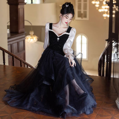 Puff-Sleeve Sweetheart-Neckline Glitter Mesh Ruffle A-Line Evening Gown