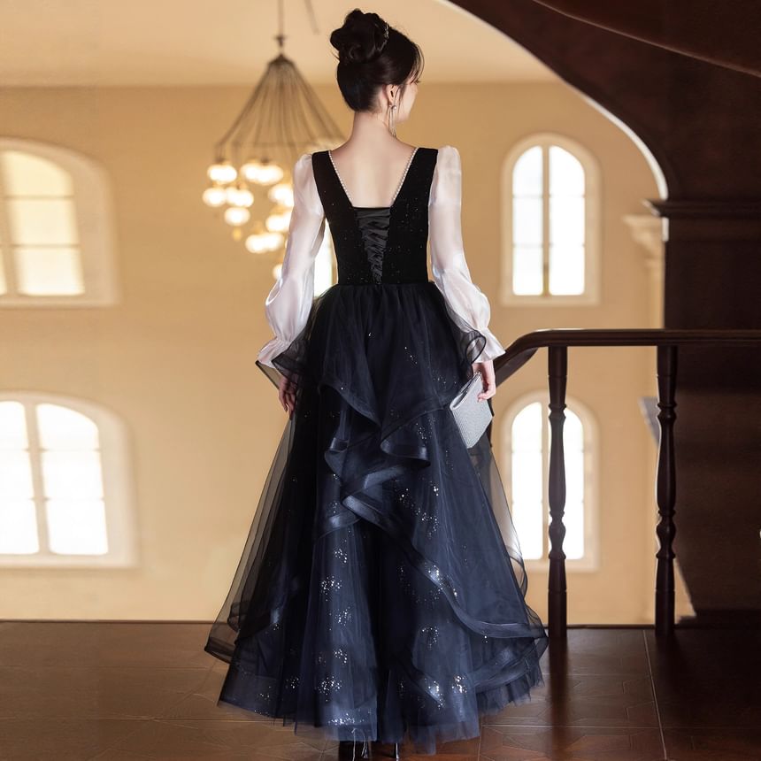 Puff-Sleeve Sweetheart-Neckline Glitter Mesh Ruffle A-Line Evening Gown