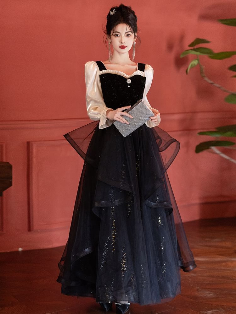 Puff-Sleeve Sweetheart-Neckline Glitter Mesh Ruffle A-Line Evening Gown