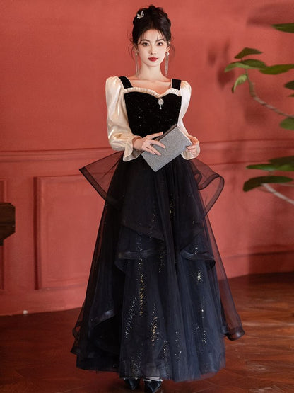 Puff-Sleeve Sweetheart-Neckline Glitter Mesh Ruffle A-Line Evening Gown