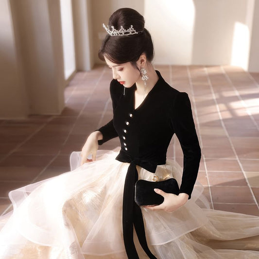 Long-Sleeve V-Neck Button-Up Velvet Mesh Ruffle A-Line Evening Gown