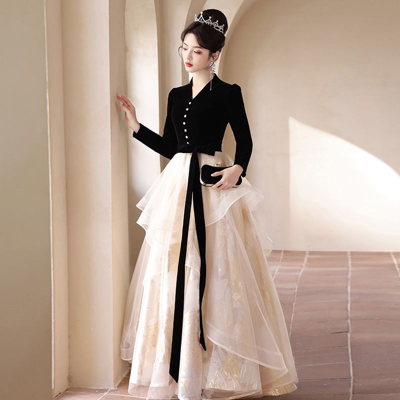 Long-Sleeve V-Neck Button-Up Velvet Mesh Ruffle A-Line Evening Gown