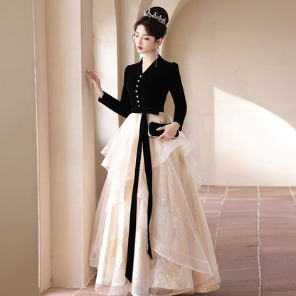 Long-Sleeve V-Neck Button-Up Velvet Mesh Ruffle A-Line Evening Gown