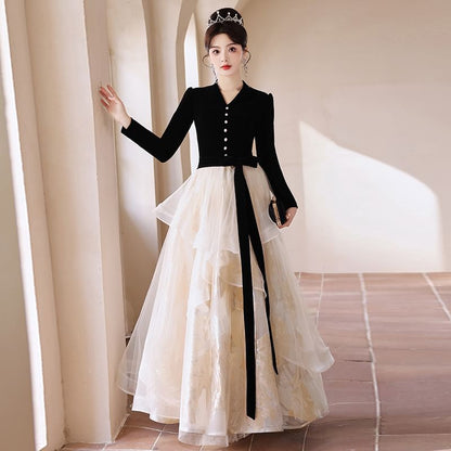 Long-Sleeve V-Neck Button-Up Velvet Mesh Ruffle A-Line Evening Gown