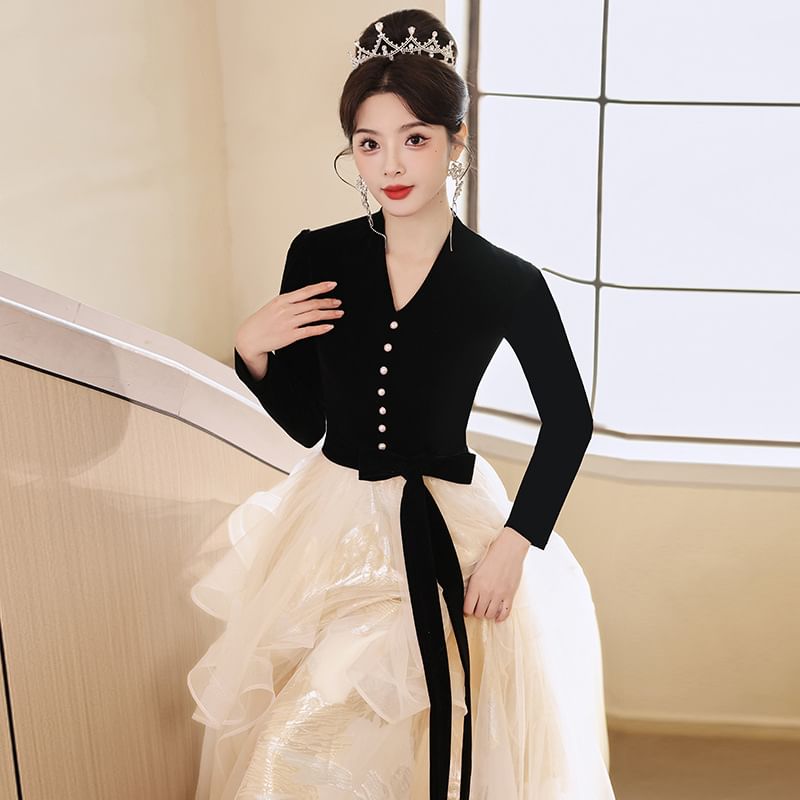 Long-Sleeve V-Neck Button-Up Velvet Mesh Ruffle A-Line Evening Gown