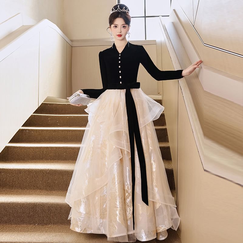 Long-Sleeve V-Neck Button-Up Velvet Mesh Ruffle A-Line Evening Gown