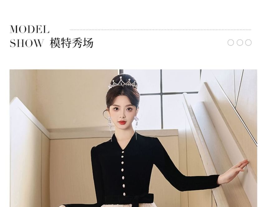 Long-Sleeve V-Neck Button-Up Velvet Mesh Ruffle A-Line Evening Gown