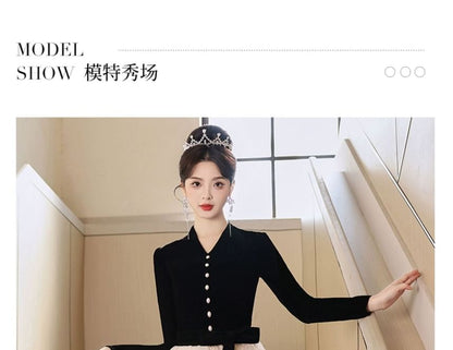 Long-Sleeve V-Neck Button-Up Velvet Mesh Ruffle A-Line Evening Gown