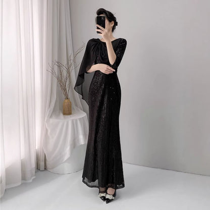 Elbow-Sleeve Sequined Caped Mermaid Evening Gown