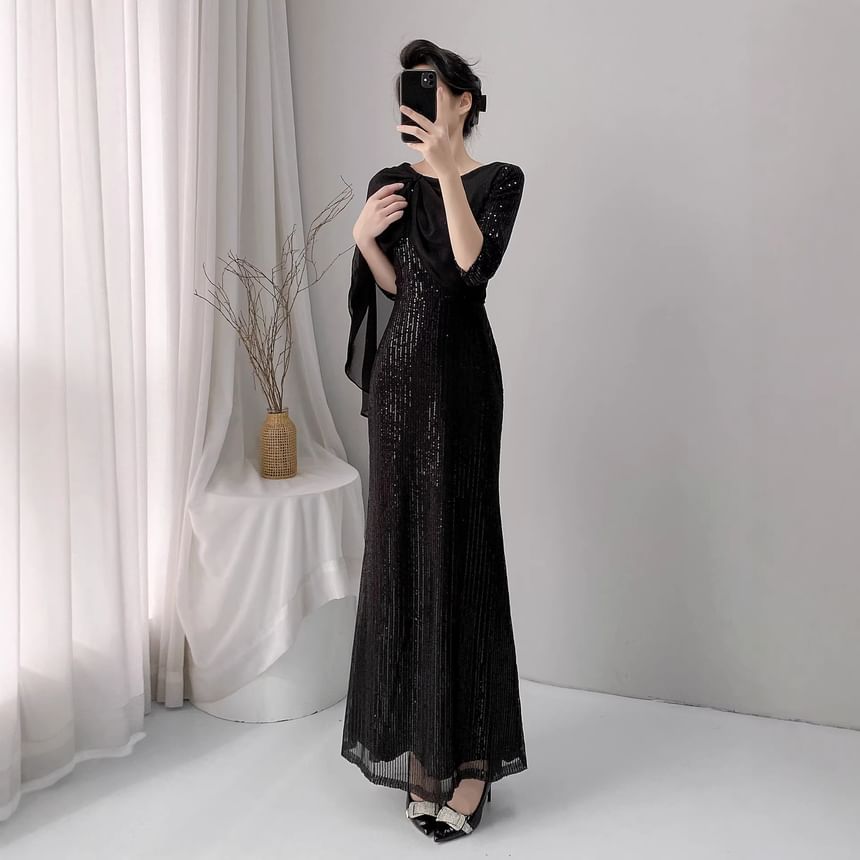 Elbow-Sleeve Sequined Caped Mermaid Evening Gown