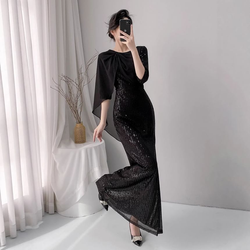 Elbow-Sleeve Sequined Caped Mermaid Evening Gown