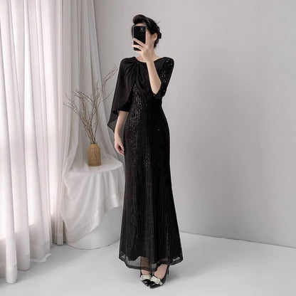 Elbow-Sleeve Sequined Caped Mermaid Evening Gown