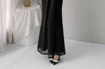 Elbow-Sleeve Sequined Caped Mermaid Evening Gown