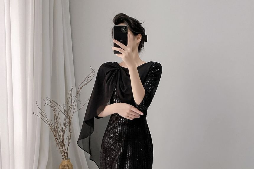 Elbow-Sleeve Sequined Caped Mermaid Evening Gown
