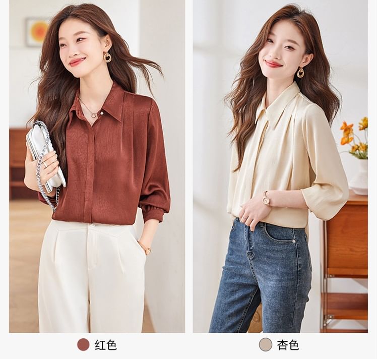 Silky Collared Long-Sleeve Satin Shirt