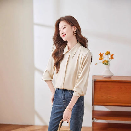 Silky Collared Long-Sleeve Satin Shirt