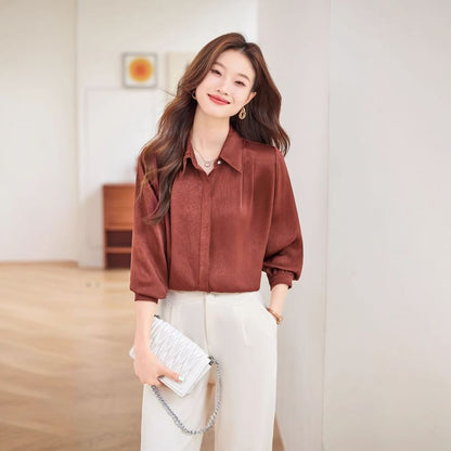 Silky Collared Long-Sleeve Satin Shirt