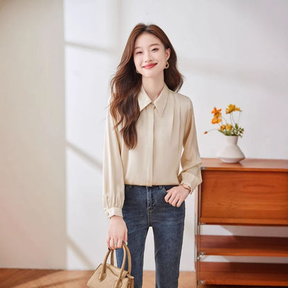 Silky Collared Long-Sleeve Satin Shirt