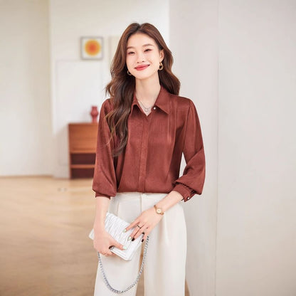 Silky Collared Long-Sleeve Satin Shirt