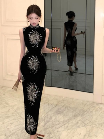 Sleeveless Mandarin Collar Rhinestone Maxi Qipao