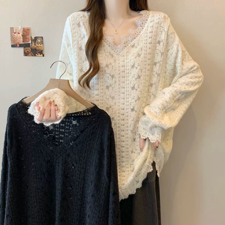 V-Neck Long Sleeve Lace Accent Shirt