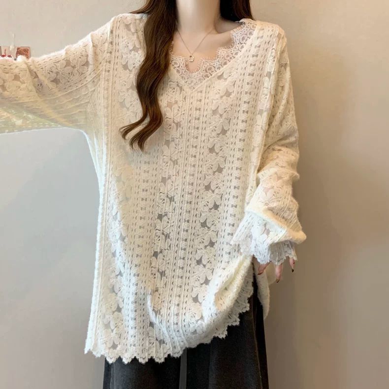 V-Neck Long Sleeve Lace Accent Shirt