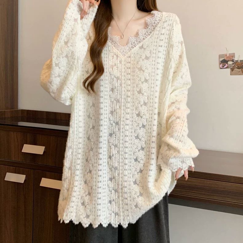 V-Neck Long Sleeve Lace Accent Shirt