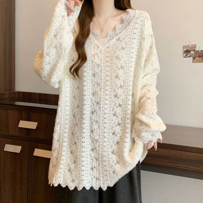 V-Neck Long Sleeve Lace Accent Shirt