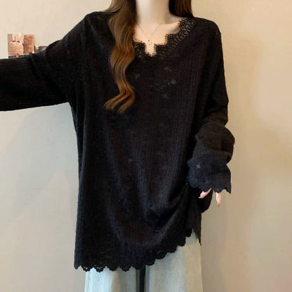 V-Neck Long Sleeve Lace Accent Shirt