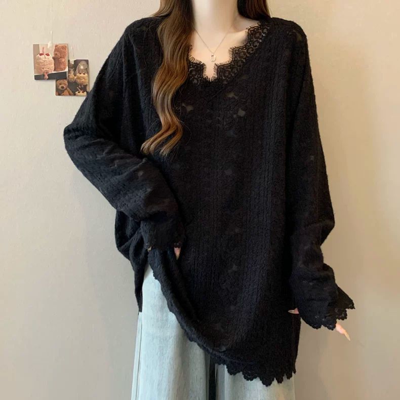 V-Neck Long Sleeve Lace Accent Shirt