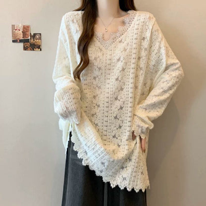 V-Neck Long Sleeve Lace Accent Shirt