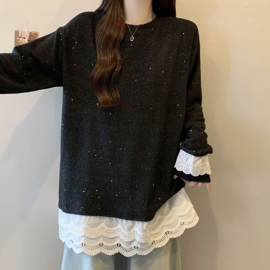 Crew Neck Long Sleeve Lace Hem Blouse