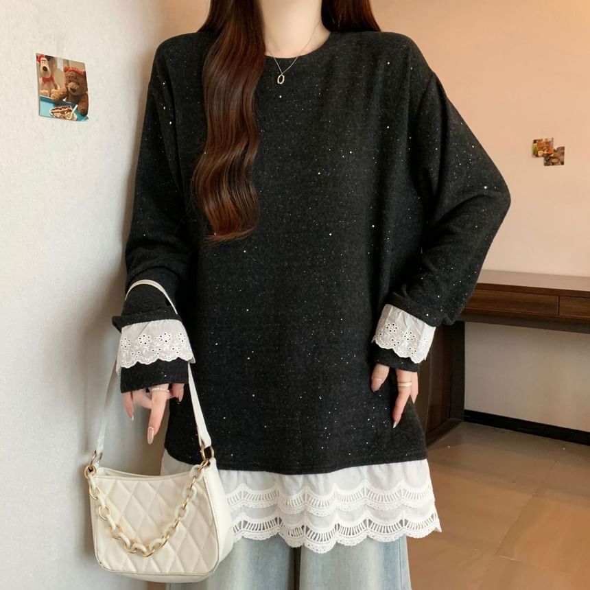 Crew Neck Long Sleeve Lace Hem Blouse