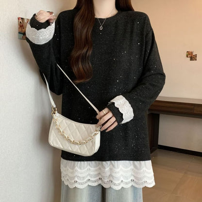 Crew Neck Long Sleeve Lace Hem Blouse